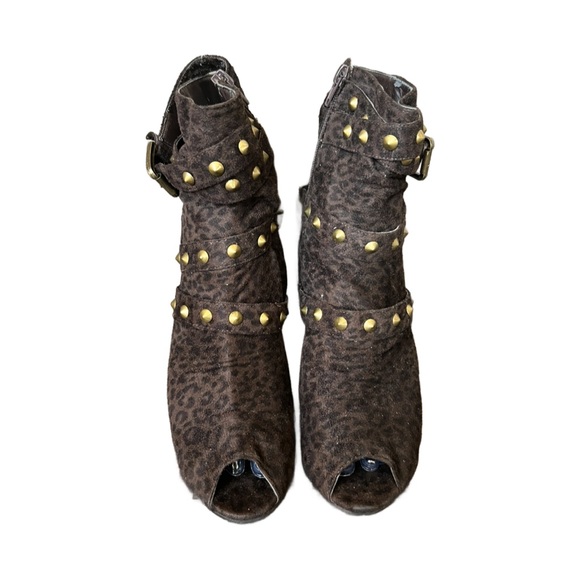 Dots Brown Animal Print Strappy Suede like Open Toe Heeled Boots Size 8 - Picture 2 of 8